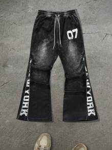 PAVTROS Manfinity Streetrush Men's Letter Print Casual Drawstring Flare Sweatpants, For Rave - Black - View 1