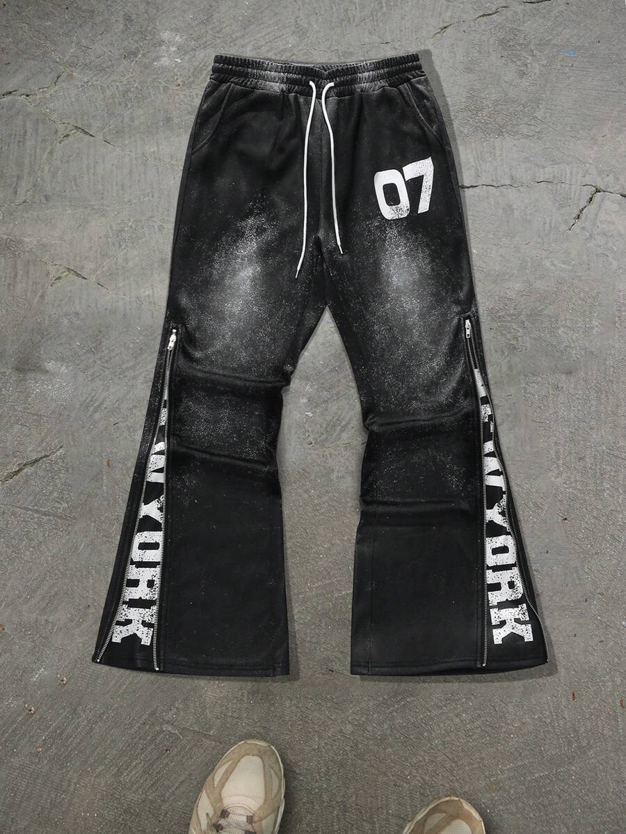 PAVTROS Manfinity Streetrush Men's Letter Print Casual Drawstring Flare Sweatpants, For Rave - Black - View 1