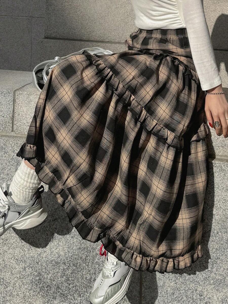 FRIFUL 女士简约时尚休闲日常格子裙，荷叶边，返校季服装 - 棕色 - 查看 1