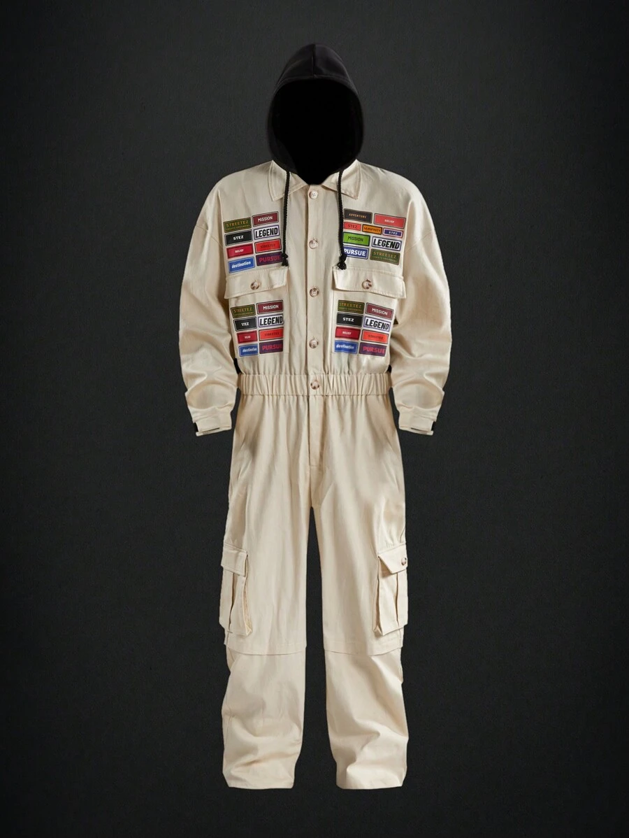 Manfinity VCAY Men's Fashionable Color Block Letter Print Jumpsuit, Autumn