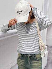 INAWLY Camiseta casual de mujer con rayas y parches, 2 en 1 para otoño