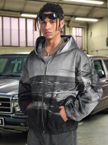 Manfinity VCAY Men's Digital Print Loose Fit Long Sleeve Sweatshirt, For Fall Winter - Black - View 3