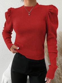 EURMUSE Cotton Half-High Collar Leg-Of-Mutton Sleeve T-Shirt - Red - View 4