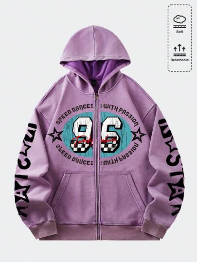 Street Life سترات رجالية مطبوعة بطباعة الحرف والنجمة الخماسية ، مع زيبرة أمامية، ملابس شارع