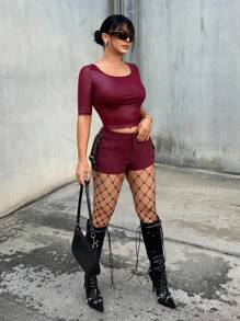 SHEIN SXY Quần short cạp trễ họa tiết da báo gợi cảm dùng khi đi hộp đêm - Đỏ - Xem 3