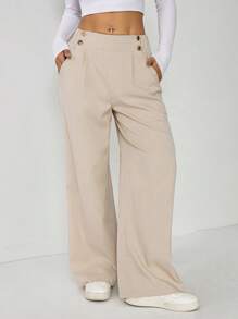 SHEIN PETITE Women's Elegant Double Button Straight Office Pants - Apricot - View 8