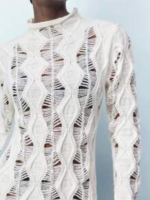 Maija Apricot Round Neck Crochet Hollow Slim-Fit Women Sweater Dress, Comfortable Casual Resort Versatile Fashion Festival