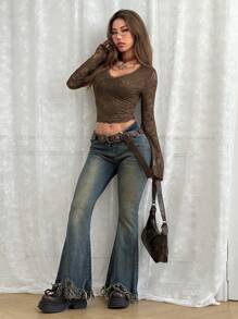 SHEIN EZwear 女士 V 领修身复古蕾丝喇叭袖 T 恤 - 咖啡棕 - 查看 6