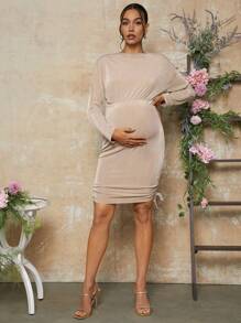 MaterniChic Vestido de maternidad de unicolor para el Día de San Valentín, con manga raglán, abertura lateral, cintura con lazo y ajustado para otoño