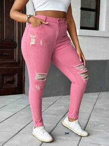 SHEIN Privé Plus Size Women Pockets Distressed Skinny Casual Versatile Jeans - Pink - View 6