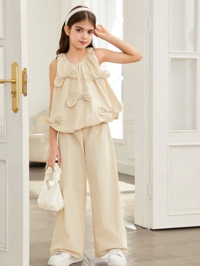 SHEIN Leap Crew Tween Girl 宽松休闲圆领无袖蝴蝶结装饰上衣和阔腿裤 2 件套