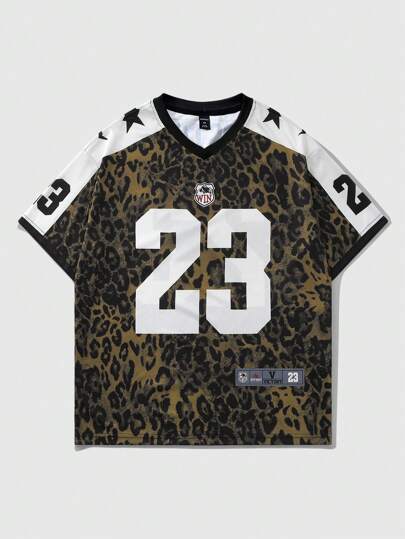 Prep Camiseta de manga corta con estampado de leopardo, estilo jersey de fútbol para hombre, adecuada para uso diario, camiseta de primavera y verano