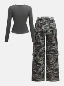 SHEIN Girlism 2 Pcs/Set Teen Girls Ribbed Long Sleeve T-Shirt And Camo Cargo Pants Set - Collegiate, Athleisure, Casual, Vintage/Boho, Fold Over - Grey - View 2