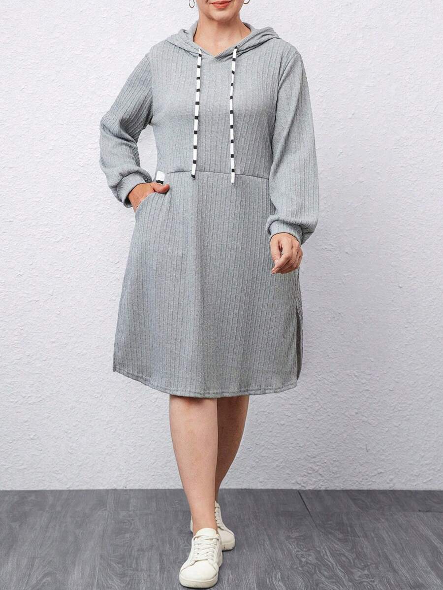 SHEIN Plus Size Women Floral Texture Material Hooded Patchwork Stripe Loose Casual Long Dress, Suitable For Outdoor & Workwear In Autumn/Winter