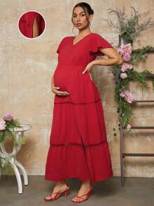 MaterniChic Valentine's Day Cake Layer Maternity Dress, Red Dress - Red - View 3