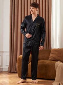 Manfinity Underwear&Sleepwear Basics 2pcs/Set Men's Front Button Long Sleeve Casual Top And Long Pants Pajama Set - Black - View 8