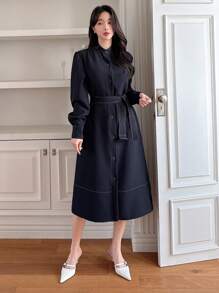 DAZY 女式撞色饰边中长系带连衣裙，秋季连衣裙