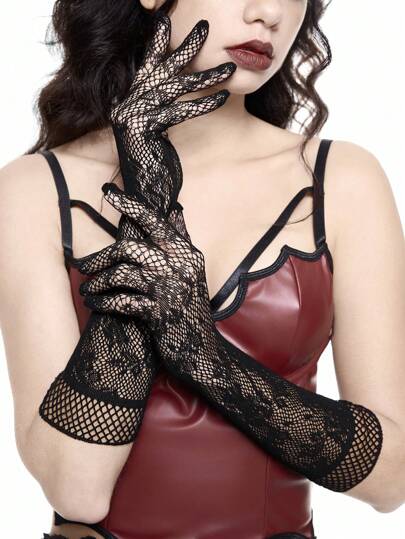 Goth Guanti lunghi in stile gotico in rete elasticizzata con pizzo sopra il gomito e 5 dita per donne