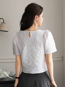 DAZY 婚礼嘉宾优雅串珠泡泡袖圆领女式 T 恤，夏季 - 白色 - 查看 2