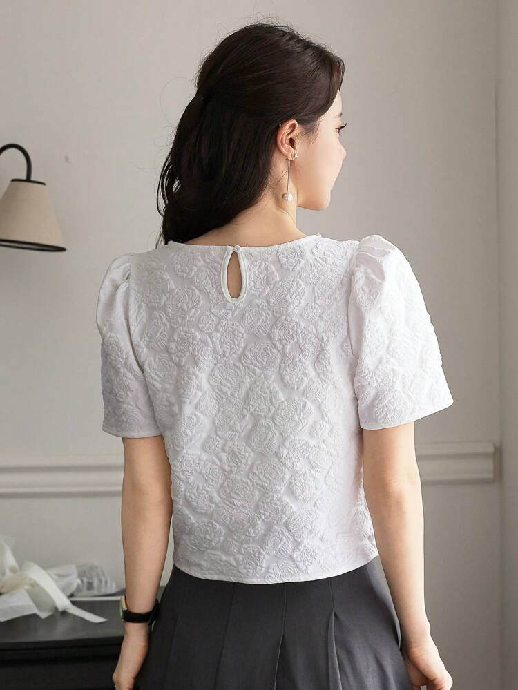 Wedding Guest Elegant Beaded Bubble Sleeve Round Neck Women T-Shirt, Summer
