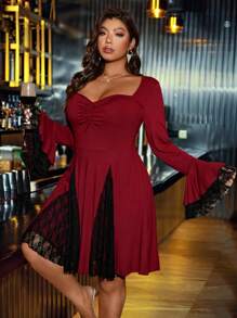 Celure Vestido de cuello cuadrado con encaje y mangas acampanadas, color rojo, ideal para el Día de San Valentín y el Año Nuevo