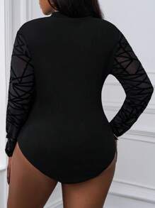 SHEIN PETITE CURVE Geo Mesh Yoke And Sleeve Rib-Knit Bodysuit - Black - View 2