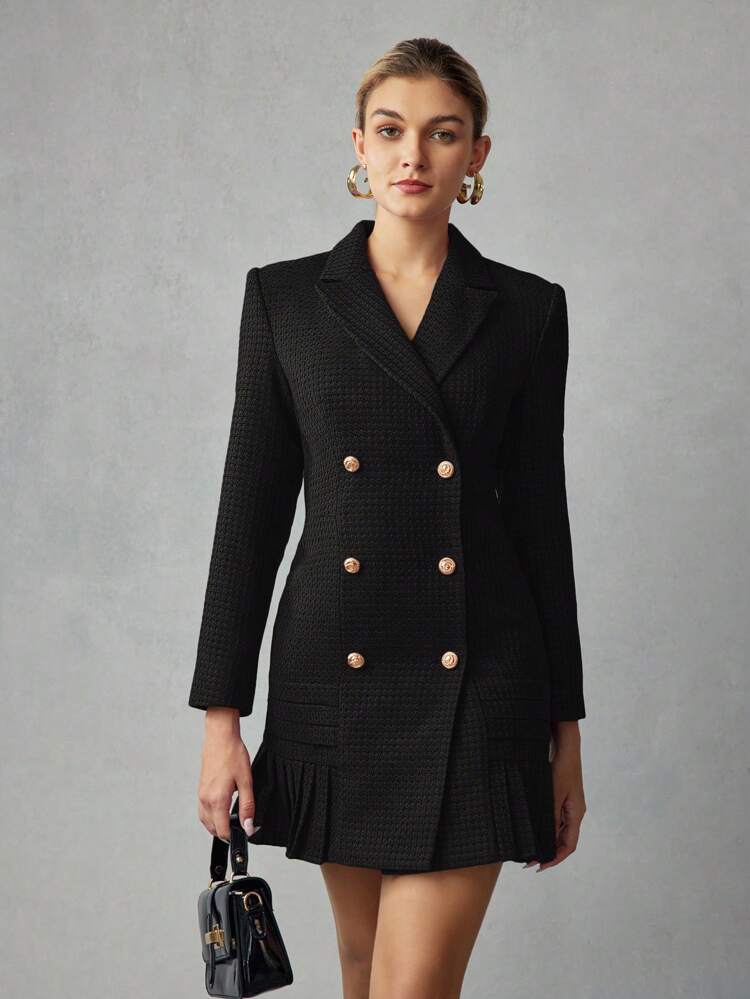 TWEED DOUBLE BREASTED PLEATED HEM DRESS