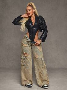 SHEIN SXY Women's Front Button Pocket Ripped Minimalist Casual Jeans - Blue - View 5