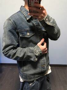 Manfinity EMRG 男士秋季单排扣休闲百搭牛仔夹克 - 藍色 - 查看 6