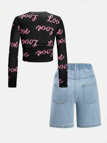 SHEIN 2 件 Tween Girls 印花百搭舒适 T 恤和柔软水洗休闲牛仔短裤套装，时尚街头风格，春秋季 - 淺色水洗藍 - 查看 2