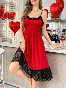 情人节心形撞色蕾丝拼布红色荷叶边下摆提花吊带裙