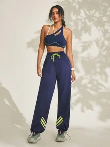SHEIN Women's Side Stripe Drawstring Waist Loose Casual Sports Pants - Blue - View 5