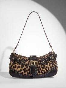 SHEIN BAE Bolso de hombro de mujer estampado de leopardo patchwork PU para ir a la ciudad, bolso de con estampado de leopardo para mujer, el leopardo está de vuelta
