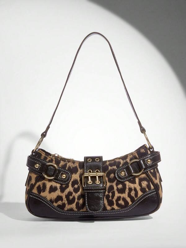 SHEIN BAE Women Street Commuter Leopard Print Patchwork PU Shoulder Bag, Leopard Print Purse For Women Leopard Comeback, Animal Print Women Bag, Fall Winter Fashionable Cheetah Print Purse For Women, New Fall Winter Tiger Print Bag For Women