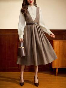 Vintamour Vintage Elegant Women's Dress, Autumn/Winter Fitted Lace Trim Stand Collar Ruffle Hem 2 In 1 Colorblock Long Sleeve A-Line Dress Valentines Birthday Dresses For Women Dresses For Women Elegant Birthday Outfits For Women Business Casual Woman Old Money Style Women Teacher Clothes Modest Dresses For Women Tea Party Outfit Spring Date Night Dress Women