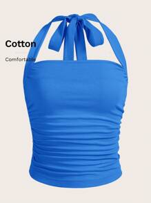 SHEIN EZwear Trang phục mùa hè Áo hở lưng xếp nếp trơn - Xanh đậm - Xem 4