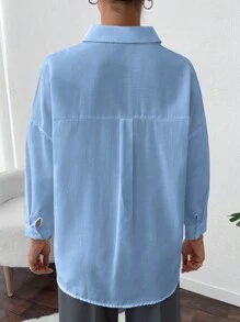 EURMUSE Women's Stylish Rhinestone Embellished Drop Shoulder Shirt - Blue - View 2