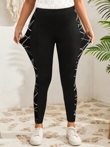 EMERY ROSE Plus Size Women Black Geometric Print Patchwork Casual Leggings,Summer Outfits For Women,Casual Everyday Wear,Vacation Outfits Woman