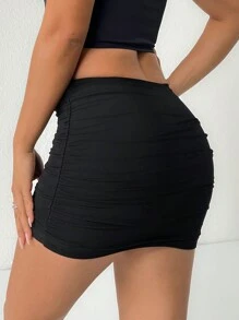 SHEIN PETITE Double Layer Mesh Hip-Covering Short Skirt - Black - View 2