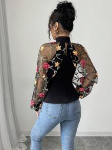 Chiquease Women's Knitted Contrast Mesh Embroidered Autumn T-Shirt