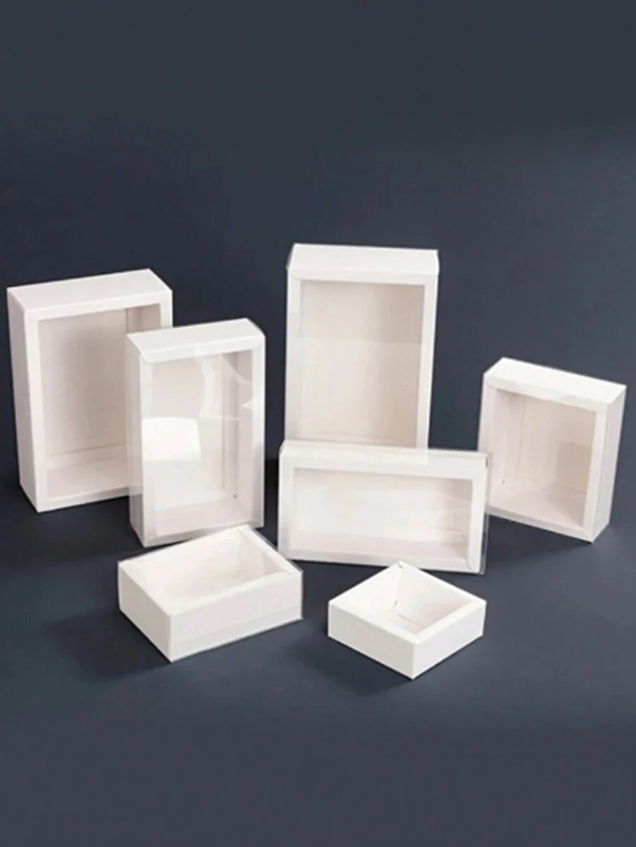 10 piezas Nuevas cajas de regalo extraíbles, color liso, con ventana, caja de papel kraft, caja pequeña para regalo de fiesta de cumpleaños, empaque universal - Blanco - Ver 1