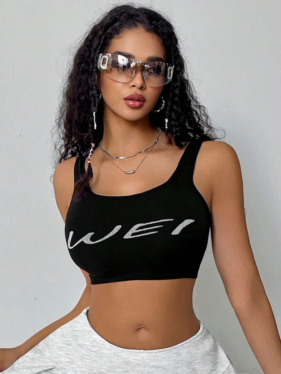 1 件女式无缝字母印花吊带背心 - 黑色 - 查看 1