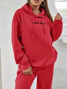 EURMUSE Slogan Graphic Drop Shoulder Drawstring Red Hoodie & Sweatpants - Red - View 5