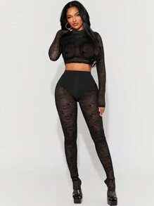 SHEIN SXY Valentine's Day Black Rose Lace Patchwork Sheer Long Sleeve Top And Black Footless Pants Sexy 2 Pieces Set For Women