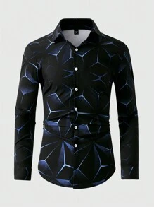 Manfinity LEGND 大码男士几何印花长袖单排扣休闲衬衫，适合秋季