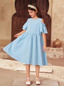 SHEIN Tween Girls Casual A-Line Bowknot Decor Off Shoulder Short Sleeve Shift Dress For Holiday/Home - Blue - View 5