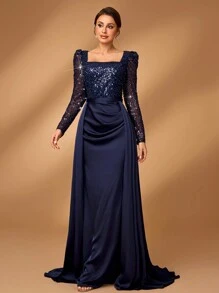 Serin Elegant Luxurious Pearl Sequin Patchwork Satin See-Through Long Sleeve Mermaid Formal Dress With Extra Flared And Ruched Hem, Suitable For Wedding, Party, Prom, Holiday, Gala, Mother Of The Bride Dress (Heavily Embellished) - Navy Blue - View 4