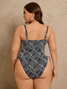 SHEIN Swim Curve 1 pieza Traje de baño de una sola pieza para mujer talla grande, con textura monocroma y rayas onduladas, para uso diario y vacaciones de verano
