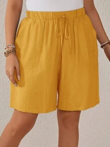 EMERY ROSE Plus Size Women's Texture Striped Elastic Waist Drawstring Pocketed Straight Dark Blue Shorts For Summer - Yellow - View 4
