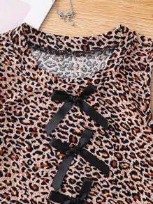 Young Girls' Casual Vintage Stretch Leopard Print Front Keyhole With Bowknot Decor Camisole, Suitable For Vacation,Clothes,Leopard Top,Suitable For Spring And Summer,Suitable For Girls Daily Wear